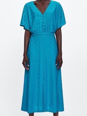 Zara Turquoise V-Neck Midi Dress